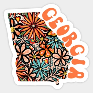 Georgia State Design | Artist Designed Illustration Featuring Georgia State Outline Filled With Retro Flowers with Retro Hand-Lettering Sticker